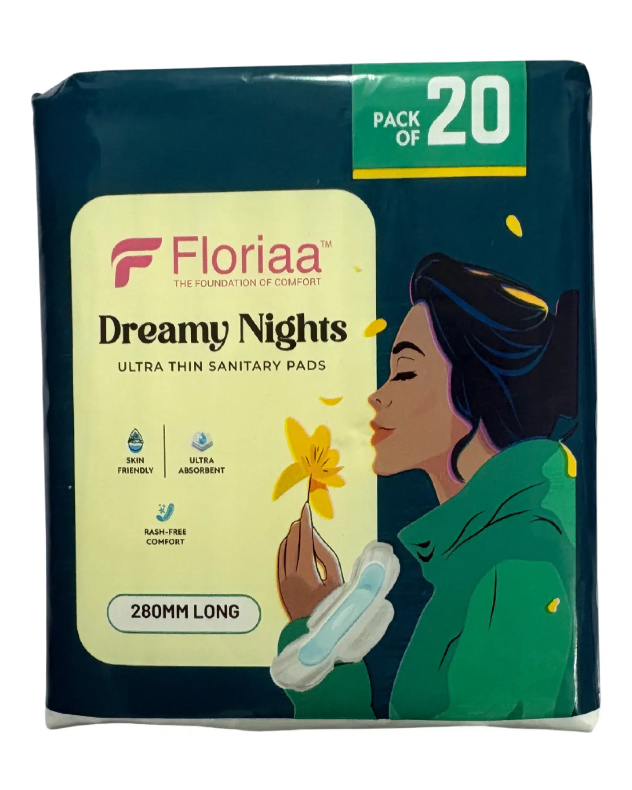 Floriaa Dreamy Nights Ultra Thin Trifold Sanitary Pads – XL Size (280 mm) | Pack of 20