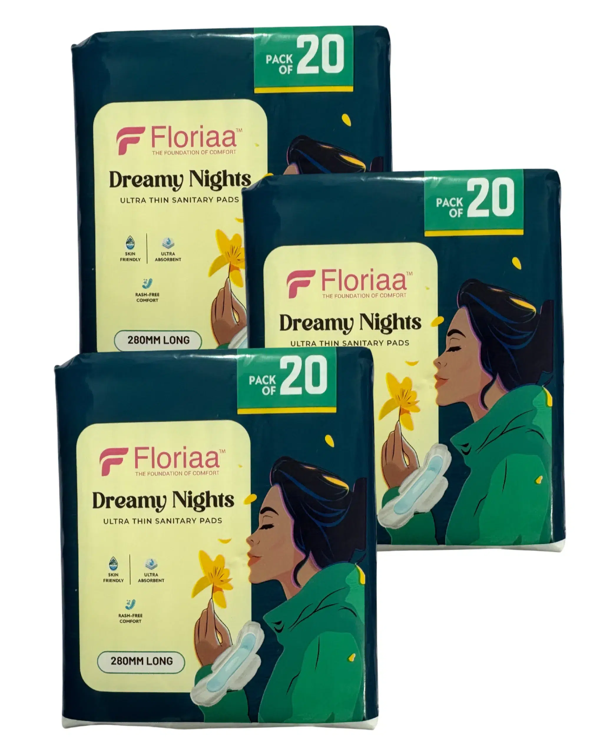 Floriaa Dreamy Nights Ultra Thin Sanitary Pads – XL Size (280 mm) | Combo of 3 (Pack of 60)
