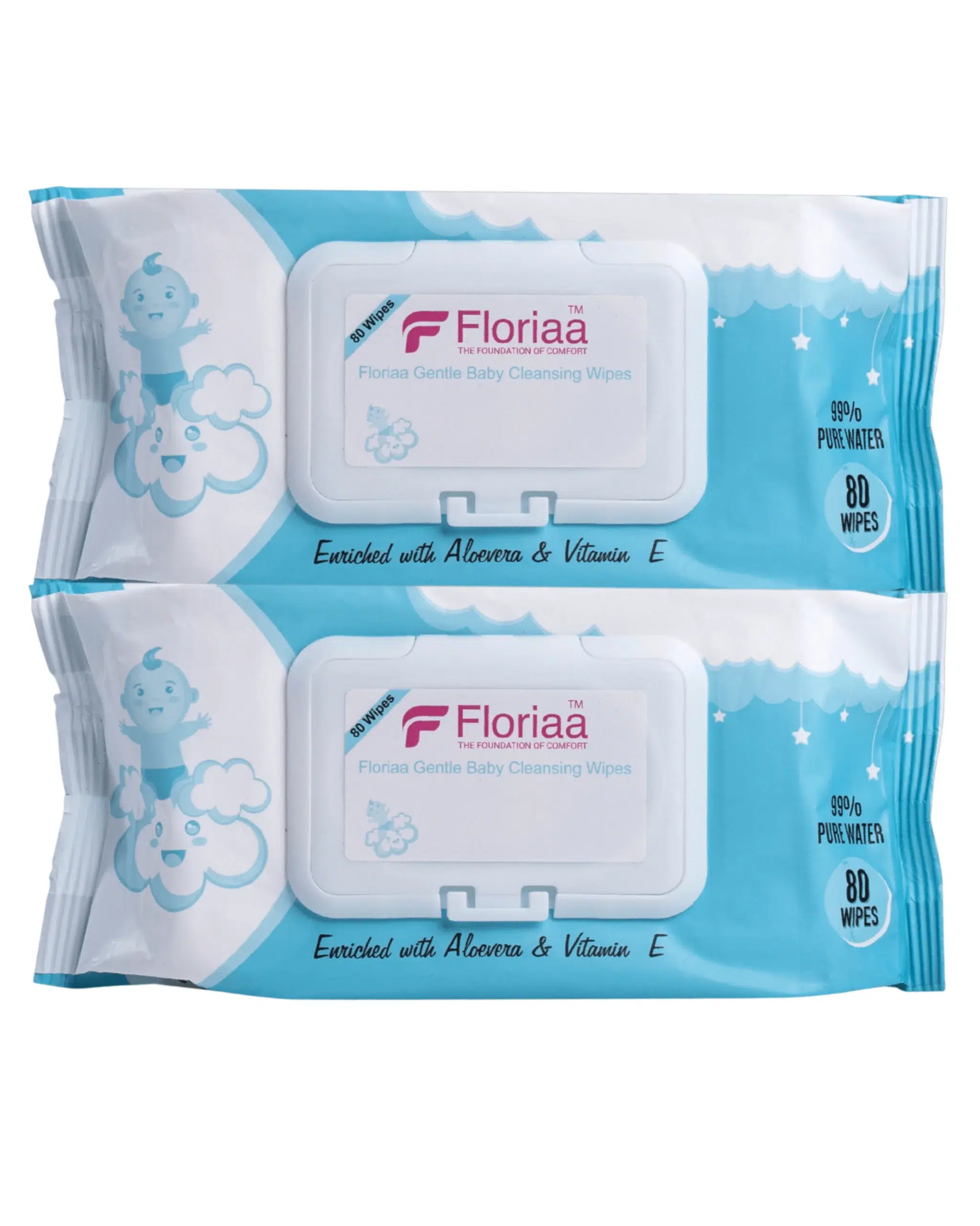 Floriaa Baby Wet Wipes | Aloe Vera & Vitamin E | Alcohol Free | Soft & Thick | Combo of 2 (80 Sheets Each)