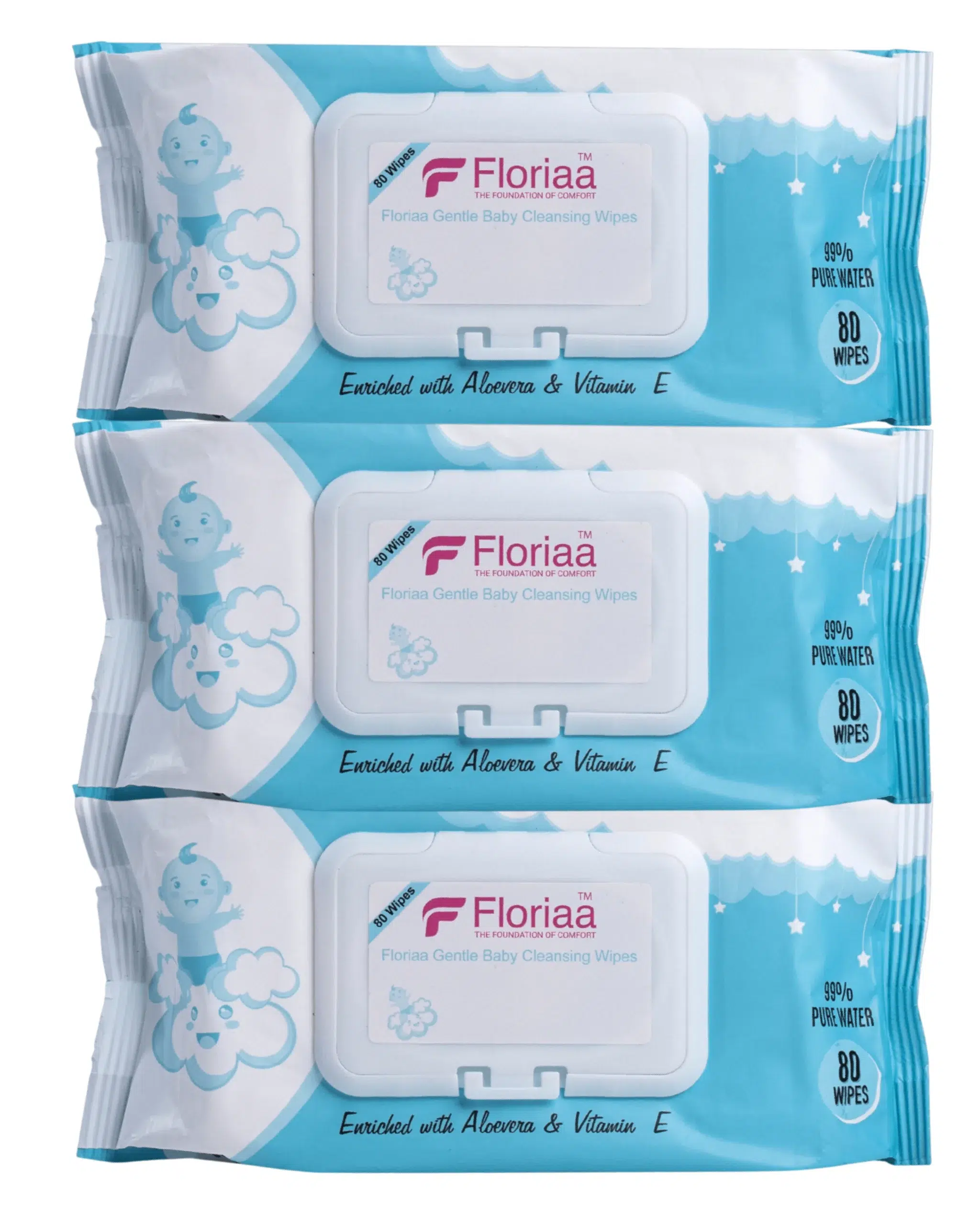 Floriaa Baby Wet Wipes | Aloe Vera & Vitamin E | Alcohol Free | Soft & Thick | Combo Pack of 3 (80 Sheets Each)