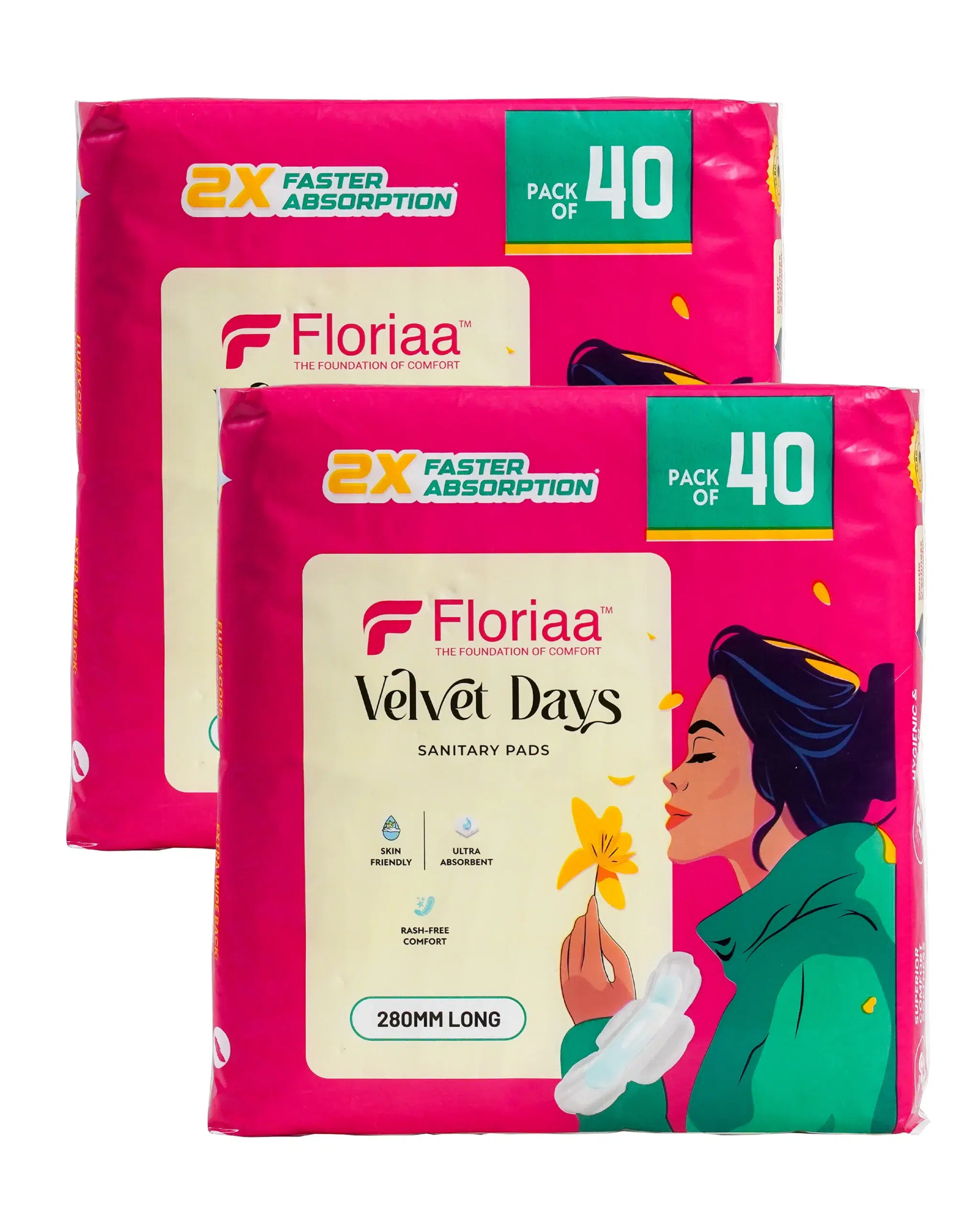 Floriaa Velvet Days Sanitary Pads – XL Size (280 mm) | Combo of 2 (80 Pads)
