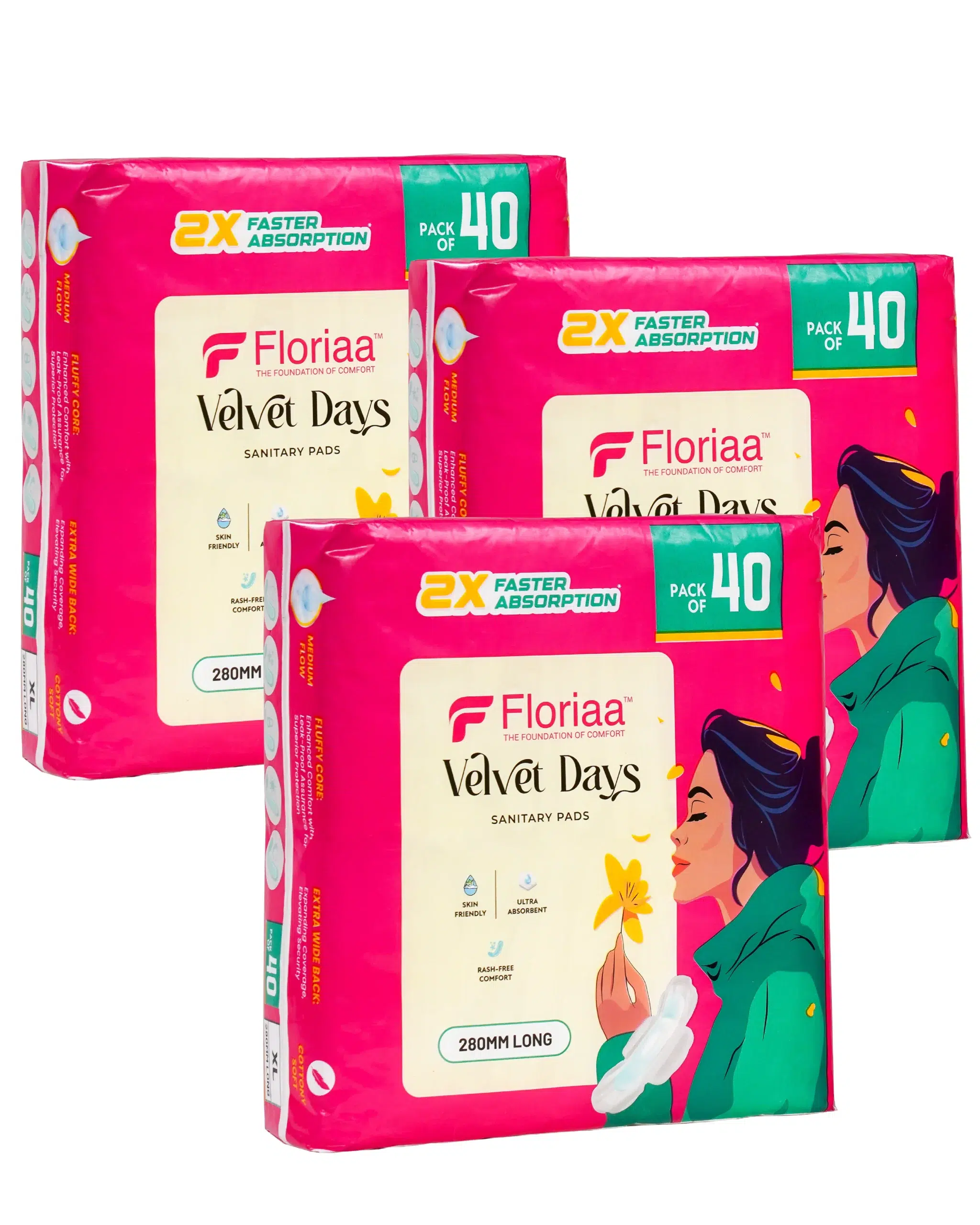 Floriaa Velvet Days Sanitary Pads – XL Size (280 mm)| Combo of 3 (120 Pads)