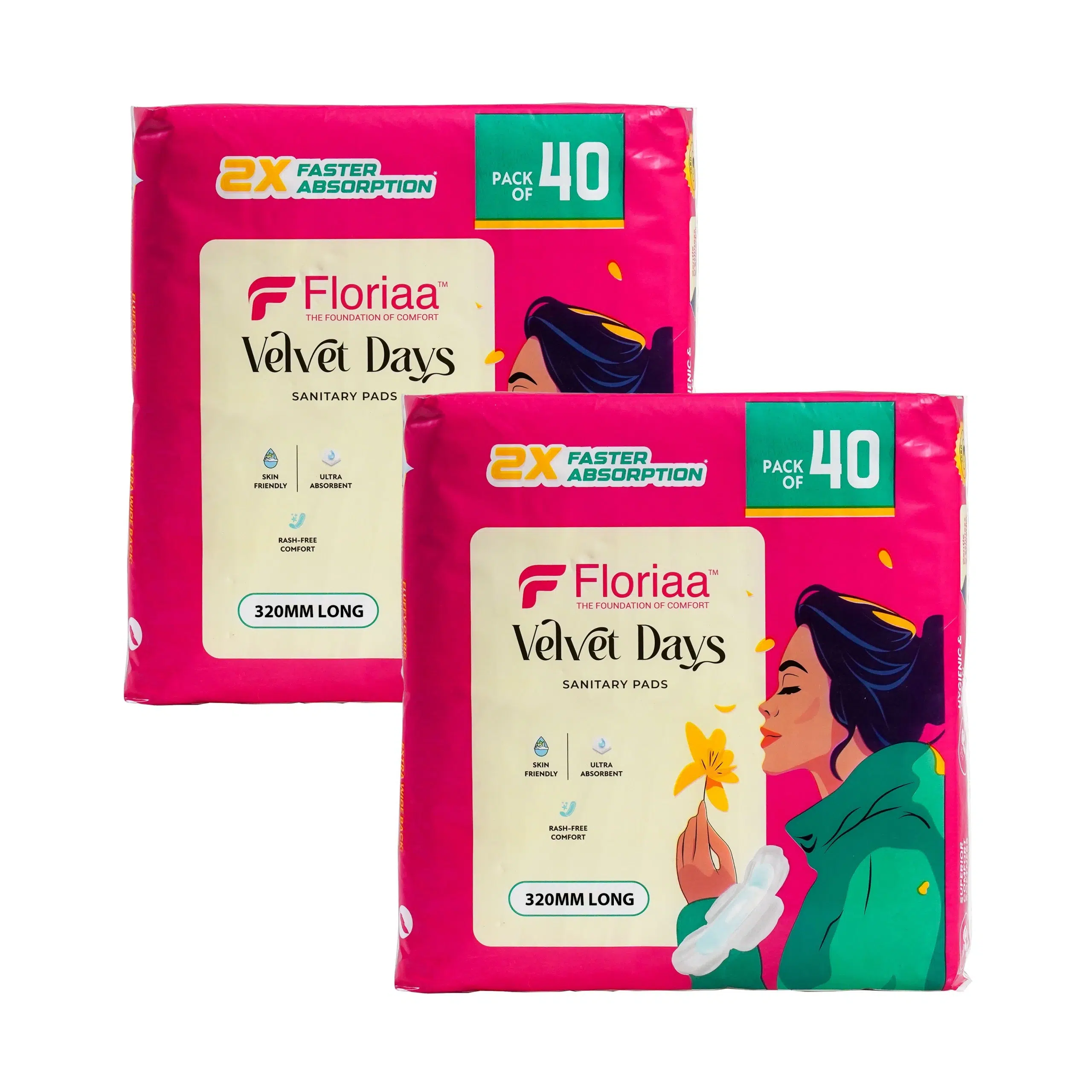 Floriaa Velvet Days XXL Sanitary Pads 320mm | Heavy Flow Protection | Leak Lock | Combo Pack of 80 Pads (40x2)