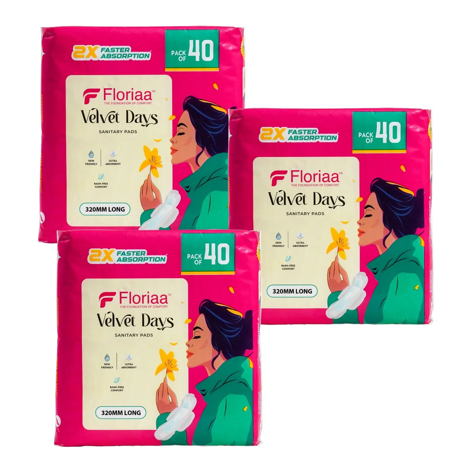 Floriaa Velvet Days XXL Sanitary Pads 320mm | Heavy Flow Protection | Leak Lock | Combo Pack of 120 Pads (40×3)